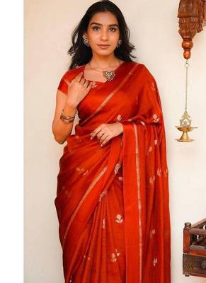 Orange Khadi Art Silk Saree With Jacquard Leaf Design 2