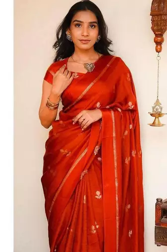 Orange Khadi Art Silk Saree With Jacquard Leaf Design