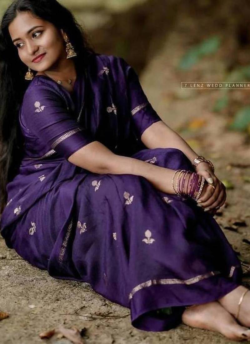 Purple Khadi Art Silk Saree With Jacquard Leaf Design