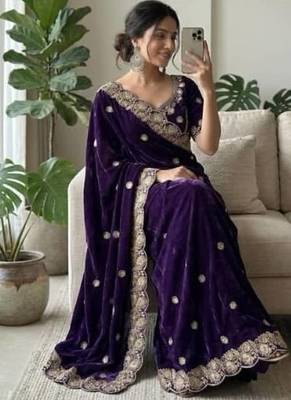 Purple Embroidery And Sequin Work Satin Saree 1