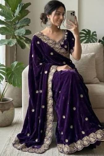 Purple Embroidery And Sequin Work Satin Saree