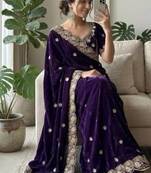 Purple Embroidery And Sequin Work Satin Saree
