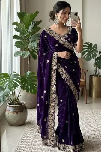 Purple Embroidery And Sequin Work Satin Saree