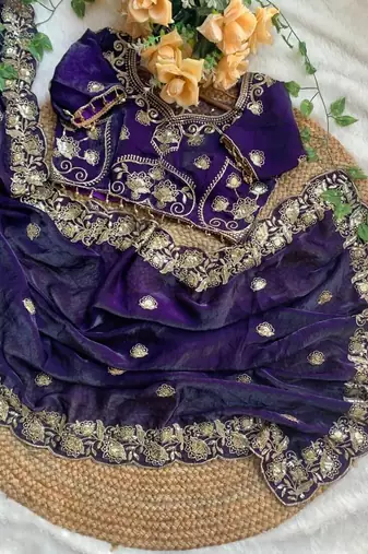 Purple Embroidery And Sequin Work Satin Saree