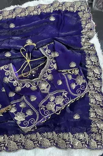 Purple Embroidery And Sequin Work Satin Saree