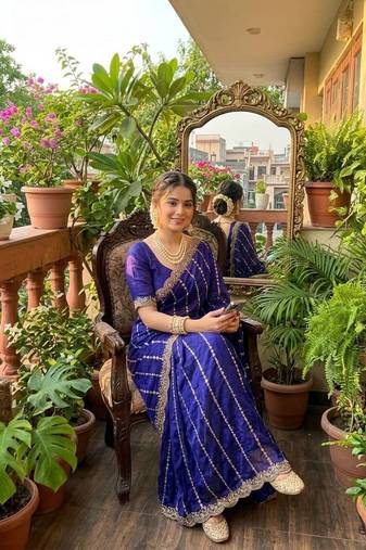 Purple Color Embroidery And Sequence Work Satin Saree
