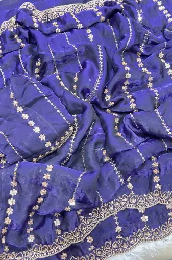 Purple Color Embroidery And Sequence Work Satin Saree