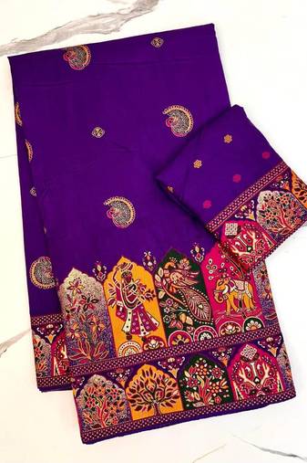Purple Color Zari Weaving Work Pashmina Silk Blend Saree
