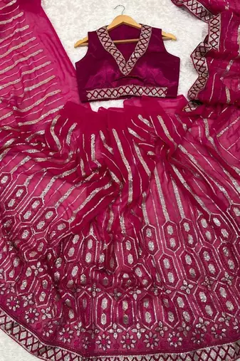 Rani Pink Color Sequins Thread Dori Work Georgette Saree