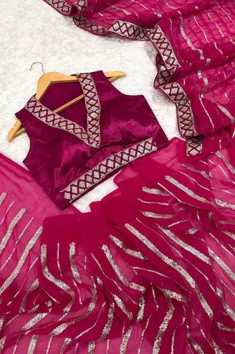 Rani Pink Color Sequins Thread Dori Work Georgette Saree