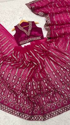 Rani Pink Color Sequins Thread Dori Work Georgette Saree 4