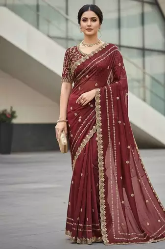 Maroon Color Designer Embroidery Work Sequins Jarl Thread With Cutwork Border Satin Silk Blend Saree