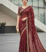 Maroon Color Designer Embroidery Work Sequins Jarl Thread With Cutwork Border Satin Silk Blend Saree