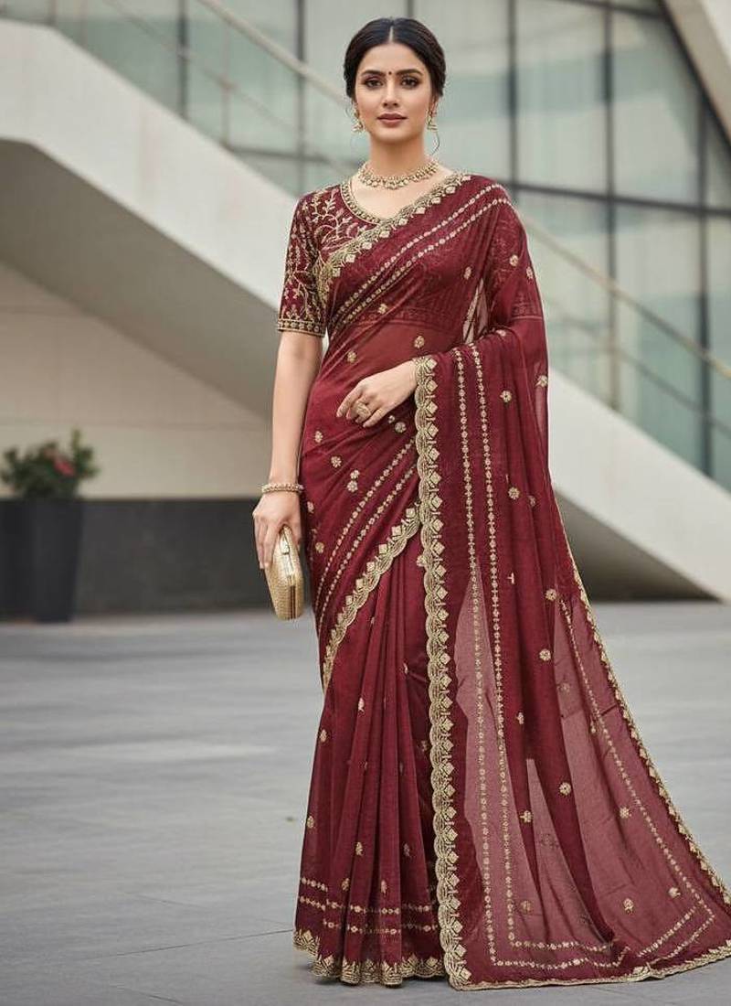 Maroon Color Designer Embroidery Work Sequins Jarl Thread With Cutwork Border Satin Silk Blend Saree