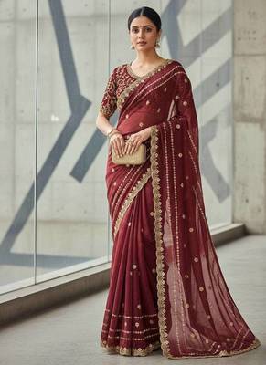 Maroon Color Designer Embroidery Work Sequins Jarl Thread With Cutwork Border Satin Silk Blend Saree 2