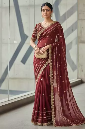 Maroon Color Designer Embroidery Work Sequins Jarl Thread With Cutwork Border Satin Silk Blend Saree