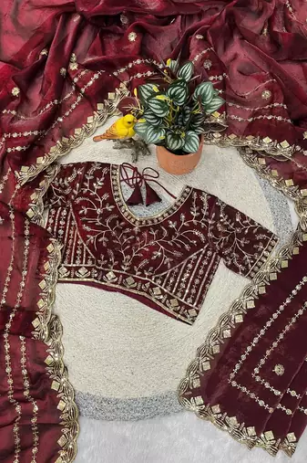 Maroon Color Designer Embroidery Work Sequins Jarl Thread With Cutwork Border Satin Silk Blend Saree