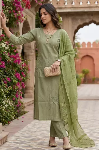 Women's art silk fabric embroidered kurta set with dupatta