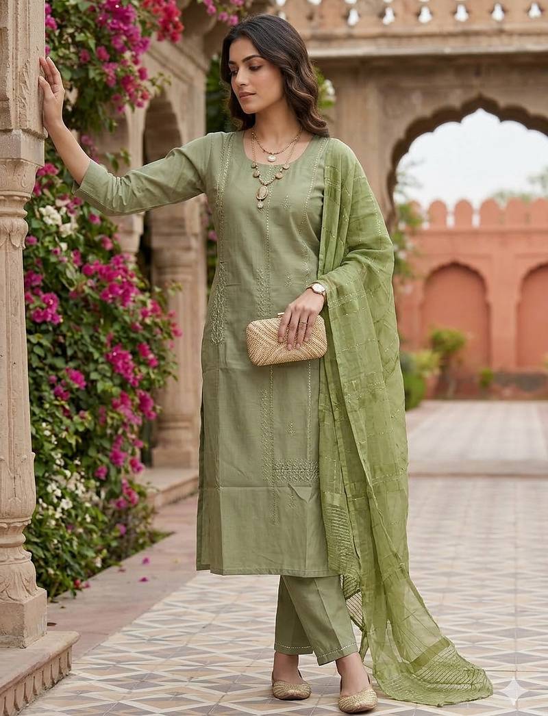 Women's art silk fabric embroidered kurta set with dupatta