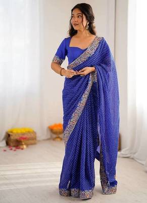 Navy Blue Color Thread & Sequins Embroidery With Badhani Print Work Faux Georgettete Saree 1