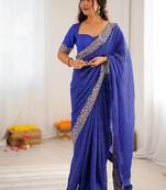 Navy Blue Color Thread & Sequins Embroidery With Badhani Print Work Faux Georgettete Saree