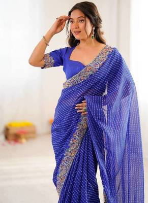 Navy Blue Color Thread & Sequins Embroidery With Badhani Print Work Faux Georgettete Saree 2