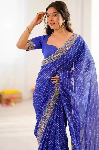 Navy Blue Color Thread & Sequins Embroidery With Badhani Print Work Faux Georgettete Saree