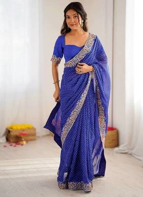 Navy Blue Color Thread & Sequins Embroidery With Badhani Print Work Faux Georgettete Saree 4