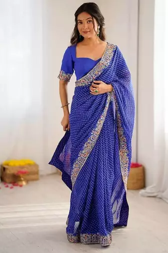 Navy Blue Color Thread & Sequins Embroidery With Badhani Print Work Faux Georgettete Saree