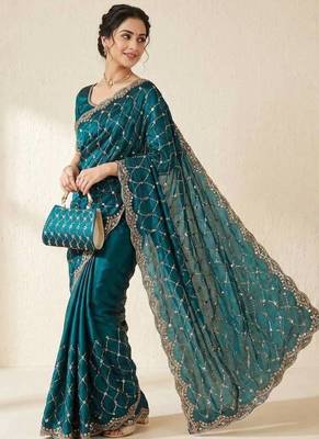 Teal Color Beeds And Cut Work Silk Blend Saree 1