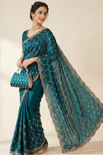 Teal Color Beeds And Cut Work Silk Blend Saree