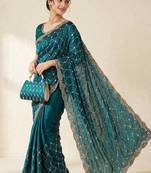 Teal Color Beeds And Cut Work Silk Blend Saree
