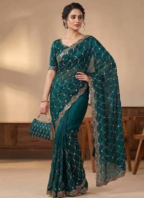 Teal Color Beeds And Cut Work Silk Blend Saree 2
