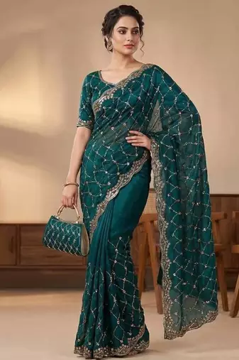 Teal Color Beeds And Cut Work Silk Blend Saree