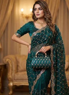 Teal Color Beeds And Cut Work Silk Blend Saree 3