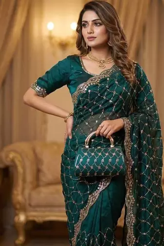 Teal Color Beeds And Cut Work Silk Blend Saree