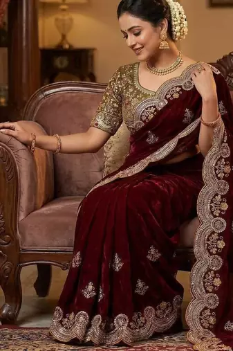 Maroon Embroidery And Sequin Work Satin Saree