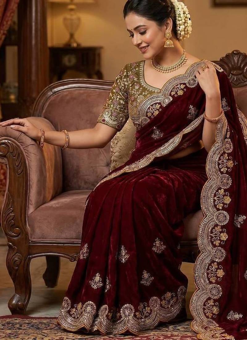 Maroon Embroidery And Sequin Work Satin Saree