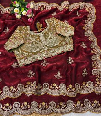 Maroon Embroidery And Sequin Work Satin Saree 2