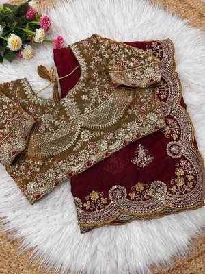 Maroon Embroidery And Sequin Work Satin Saree 3