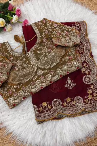 Maroon Embroidery And Sequin Work Satin Saree