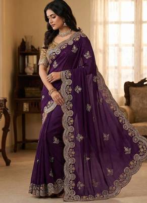 Purple Color Embroidery And Sequence Work Satin Saree 1