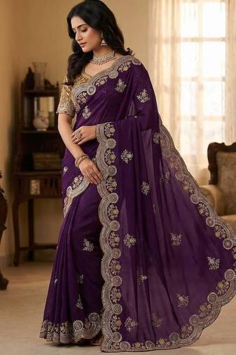 Purple Color Embroidery And Sequence Work Satin Saree