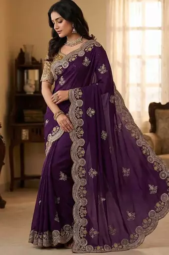 Purple Color Embroidery And Sequence Work Satin Saree