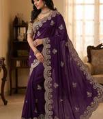 Purple Color Embroidery And Sequence Work Satin Saree
