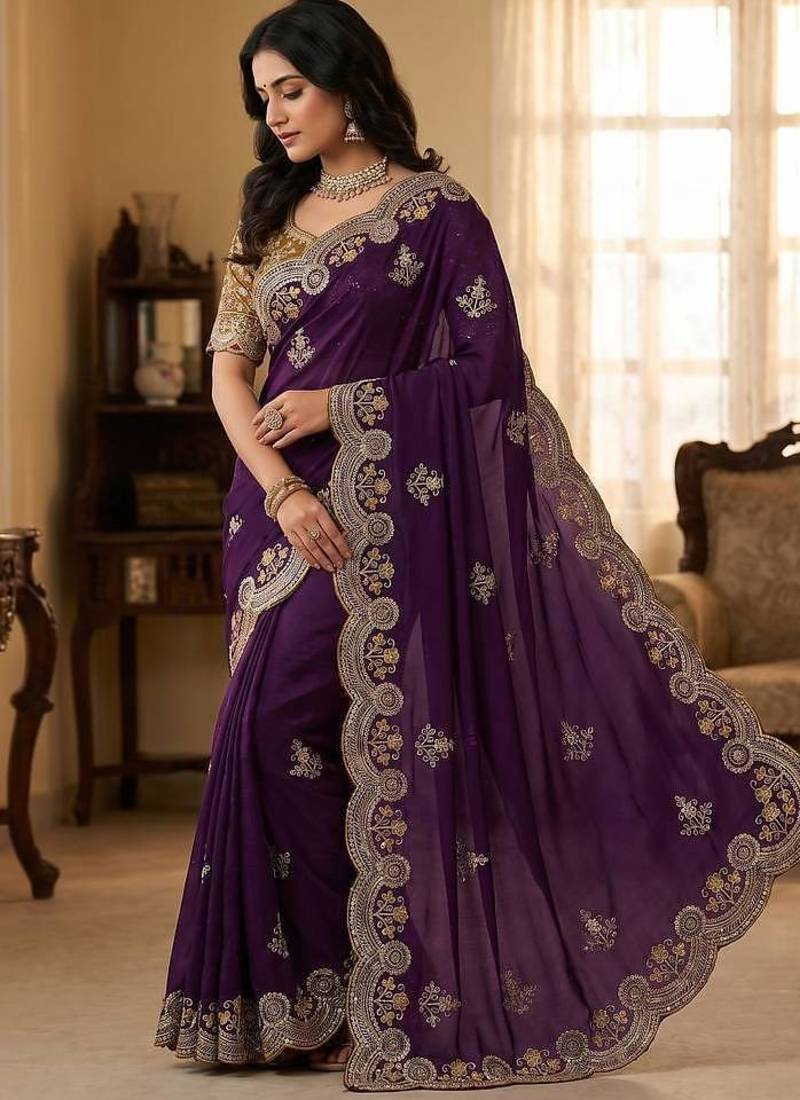 Purple Color Embroidery And Sequence Work Satin Saree