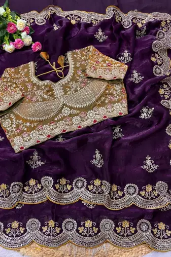 Purple Color Embroidery And Sequence Work Satin Saree