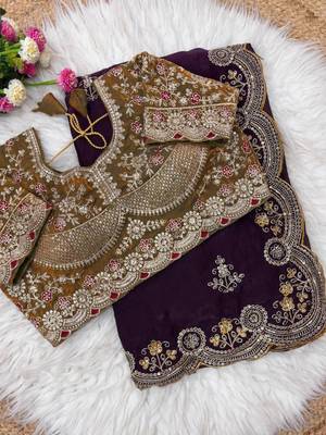 Purple Color Embroidery And Sequence Work Satin Saree 3