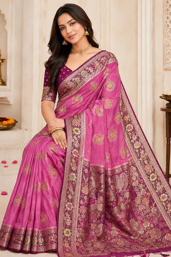 Pink Georgettete Saree With Blouse