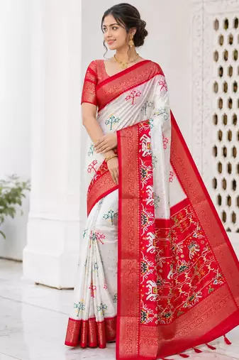 Multi 3 Ikkat Patola Printing With Hand Made Tassels Fumka Dola Silk Saree